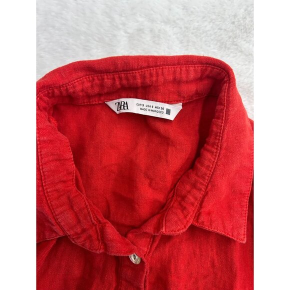 Zara Womens Small Red Tiered Button-Down Dress With Ruffle Sleeves 100% Linen - Picture 3 of 9